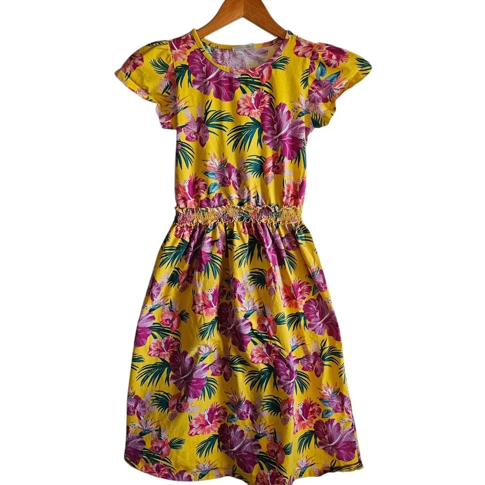 LC Waikiki Floral Dress Smocked Waist Girls Yellow Purple Casual 9 10 Years‎